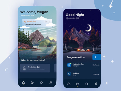 Meditation App UI app design bedtime meditation mobile night programmation sleep ui ux vector