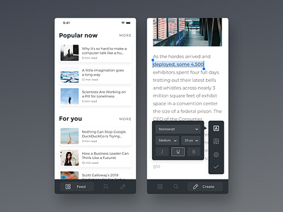 Online Publishing App black theme medium ui ux design