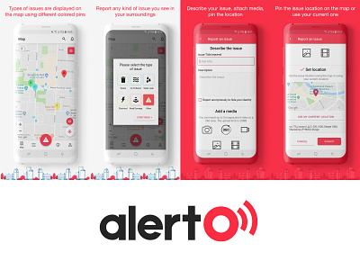 Mobile UI for Alerto Android App android app design form issue map pins ui ux