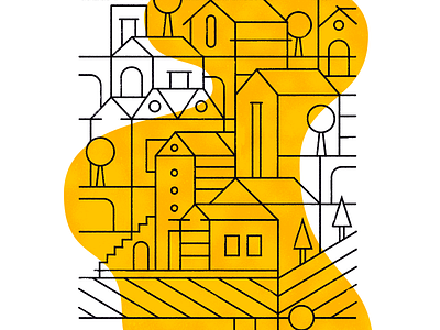 Landscape Small city house houses illustration landscape line trees vector yellow