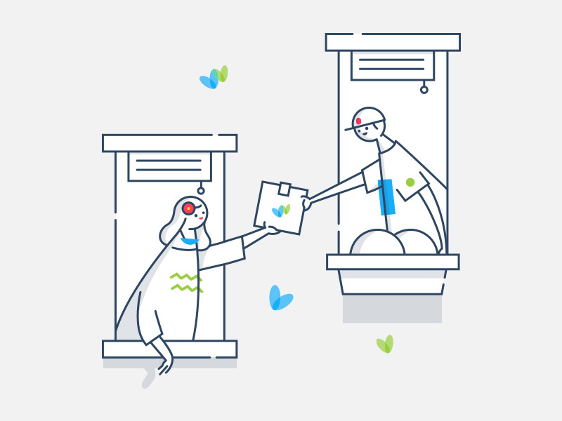 Window transfer butterflies window girl boy blue green line vector illustration character