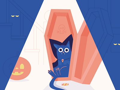 Happy Halloween blue cat coffin halloween pink pumpkin skull vector