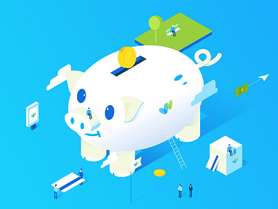 Piggy blue card illustration isometric letter money transfer vector