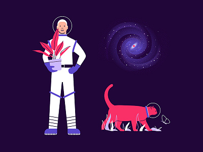 Space illustration astronaut astronomy cat galaxy illustration outer space plants space