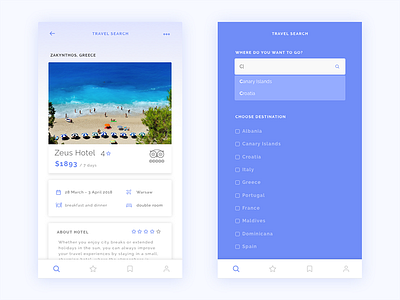 Travel App blue booking checkbox detail holiday hotel mobile search travel