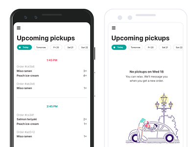 Pona Seller upcoming orders app design date filter delivery delivery app empty state filter food delivery food delivery service merchant orders pickups seller seller app ui upcoming orders ux uxdesign uxui