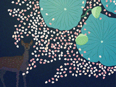 Reflections of Gyeongju blossoms cherry deer gyoeongju illustration korea lotus nature pond sakura vector water