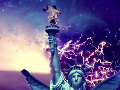 Lady Liberty angel blue cosmic flames manipulation photoshop purple statue waves