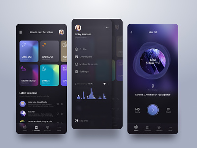 Radio & Podcast Player App app card dark colors gradient holographic holography iphone minimal mobile music player playlist podcast radio round shadow song ui ux