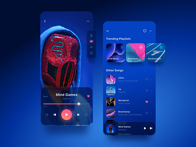 Music Player App app blue design minimal mobile music music streaming player playlist song song streaming ui ux