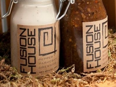 Fusion House Organic Sauces and Spices Logo bottle food fusion oriental packaging rustic spices