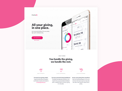 CharityIQ app concept charity donation minimal pink
