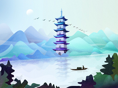 古塔扁舟 The pagoda and small boat building character illustration