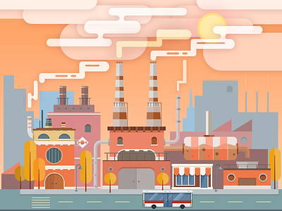 Industrial Landscape buildings candy caramel cloud flat illustration pipe roof smoke