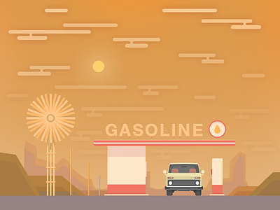 Petrol station in Texas 2d clean clouds details environment flat illustration landscape road simple sky trip