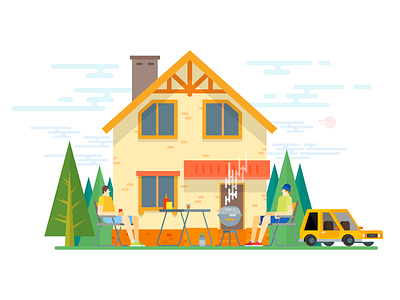 Holiday home rent 2d barbecue chill grill house icon illustration material material design svg vector