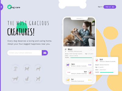 Pet Adoption App adopt adoption animal shelter animals clean creative creation dashboard design dogs dogs breed donate illustration landing page mobile app puppy shelter ui ux design vectore web page website concept
