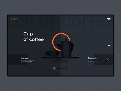 Café Landing Page | Coffee Shop Website banner design beverage branding cafe coffee cup dark theme darkness design dribbble homepage illustration kettle landing page minimalist orange restaurant slider design ui ux design