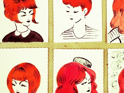 Teeny Weeny Lady Heads brush drawing girls hair illustration ink ladies red sassy
