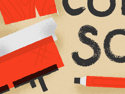 Coming Soon black brush construction illustration pencil red silkscreen squeegee tan vector wood