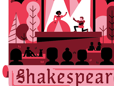 Shakespear(e) up in here actors audience chicago illustration outdoors park pink play shakespeare theater trees vector