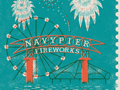 Navy Pier Fireworks blue carousel chicago ferris wheel fireworks illustration offset pier red texture
