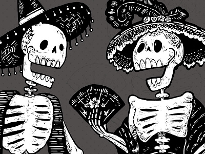 Dia de Los WIP black block print catrina day of the dead dia de los muertos halloween posada skeleton skull sugar skull white woodcut