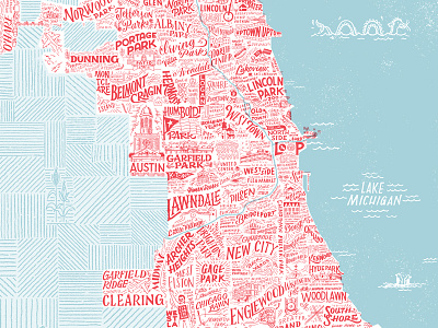 our 'hoods blue chicago hand lettering illustration lettering map neighborhood poster red type typography