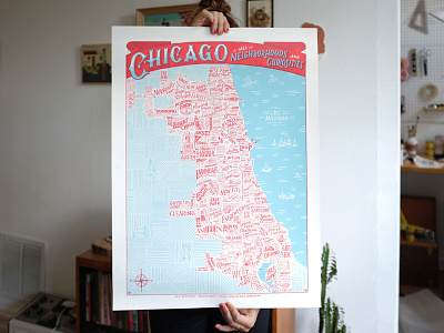 Neighborhood Map Print blue chicago hand lettering lettering map neighborhood poster red silkscreen type typography