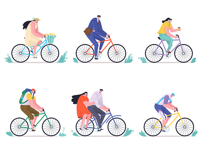 People on bicycles bicycle bike ride cartoon character design characters collection concept flat flat illustration hypertrophied illustration man person set vector velocity woman
