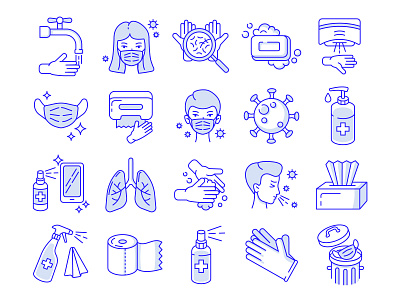 Sanitary icons kit blue cartoon collection concept covid 19 disease face mask hygiene icon illustration logo outline prevention quarantine sanitary set simple stroke vector