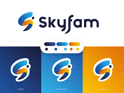 Logo Design - Skyfam - More colors blue branding charte graphique design family icon illustration illustrator jump letter s logodesign logotype orange parachute product design sky skydive sunset