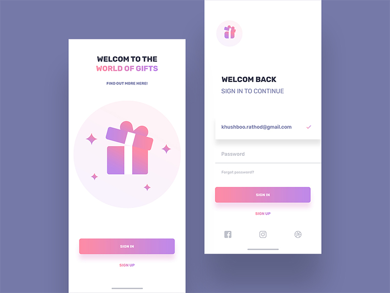 Gift Welcome screen with sign in by Khushboo Rathod on Dribbble