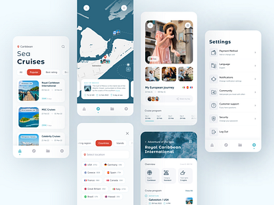 Cruises App Concept Design app booking cruise design filter islands liner list location mobile progress bar road search settings ship ui ux voyage water world