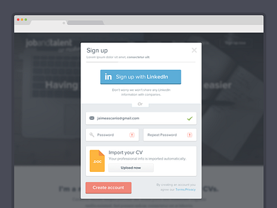 Sign up modal - LinkedIn connect or Resume Parsing chrome color cv flat form linkedin modal resume parsing sign up upload