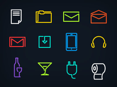 Neon Glyph Icons Update cellphone document e mail electric folder glyphs gmail headphones icon set icons martini neon play toilet paper unread vector wine