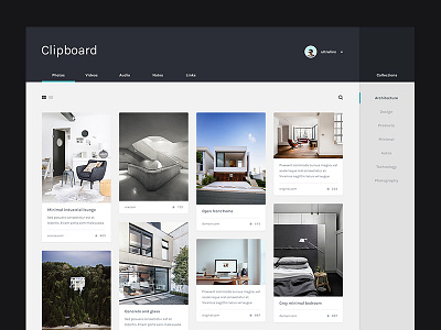 Clipboard board grid masonry minimal photo pinterest ui ux