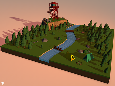 Forest Scene 3d camp firewatch forest low poly river trees watch tower