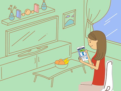 Interior environment character environment girl illustrator living room smartphone vector