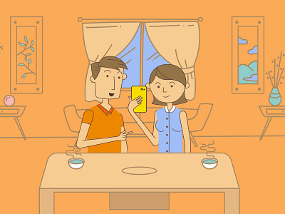 Living room environment character couple environment illustrator living room smartphone vector