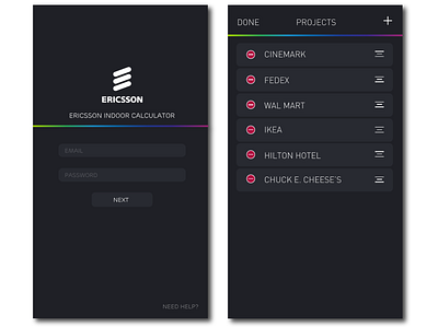 EIC - Ericsson Indoor Calculator adobexd app app design application dark mode dark theme dark ui rainbow telecom ui ux xd