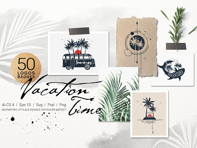 Vacation Time. 50 Logos & Badges bundle creativemarket illustration logo template travel vacation vintage