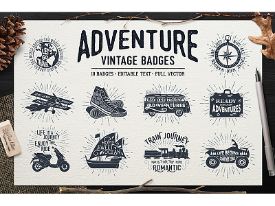 Adventure. Vintage badges adventure badges grunge handdrawn hipster logo tend travel vector vintage wandelust wandering
