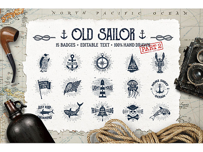 Old Sailor. 15 Hand Drawn Badges. Part II