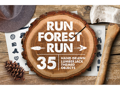 Run, Forest, Run. 35 Hand Drawn Objects adventure badges forest grunge handdrawn hipster logo lumberjack tend travel vintage wandelust