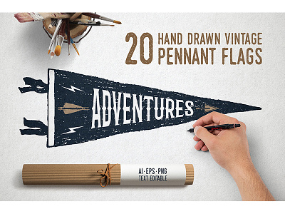 20 Hand Drawn Pennant Flags adventure badges flag grunge handdrawn hipster logo tend travel vector vintage wandelust