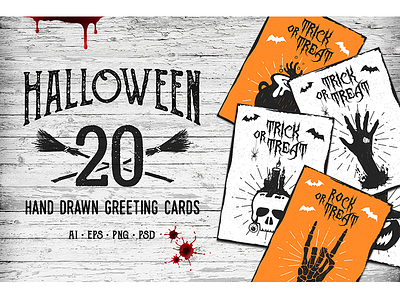 Halloween. 20 Hand Drawn Greeting cards creativemarket greeting cards halloween hand drawn