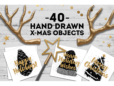 40 Hand Drawn X-Mas Objects greeting cards grunge hand drawn merry christmas new year vector vinyage
