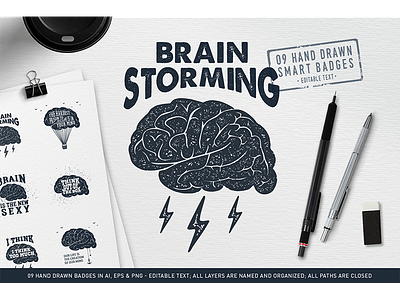 Brain Storming. Hand Drawn Badges badges brain brain storming creativemarket grunge hand drawn hipster logo smart think trend vintage