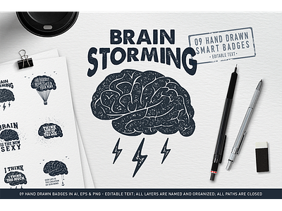 Brain Storming. Hand Drawn Badges badges brain brain storming creativemarket grunge hand drawn hipster logo smart think trend vintage